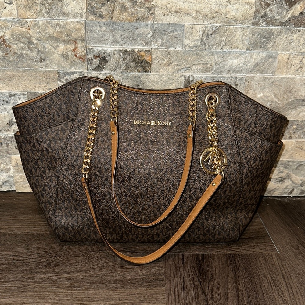 Michael Kors Chain Tote Signature Mk Brown/Acorn Leather Shoulder Bag